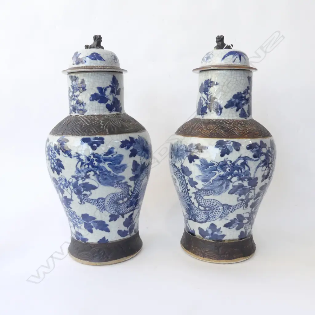 PR B/W CRACKLE GLAZE LIDDED GINGER JARS H.450mm - 1 w. rim repair Image 1++