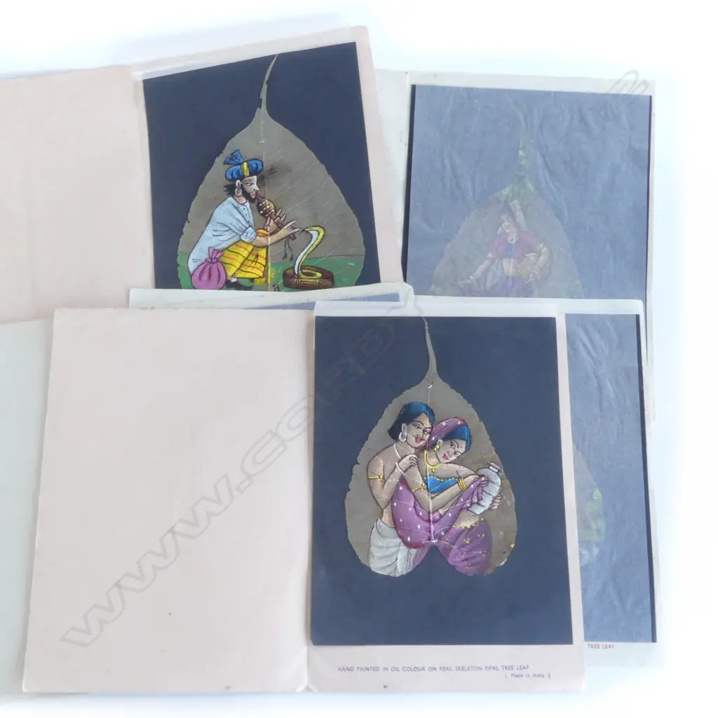  3 VINTAGE INDIAN OIL PAINTINGS 'on real skeleton pipal tree leaf'230 x 160mm on paper in folder Image 1++