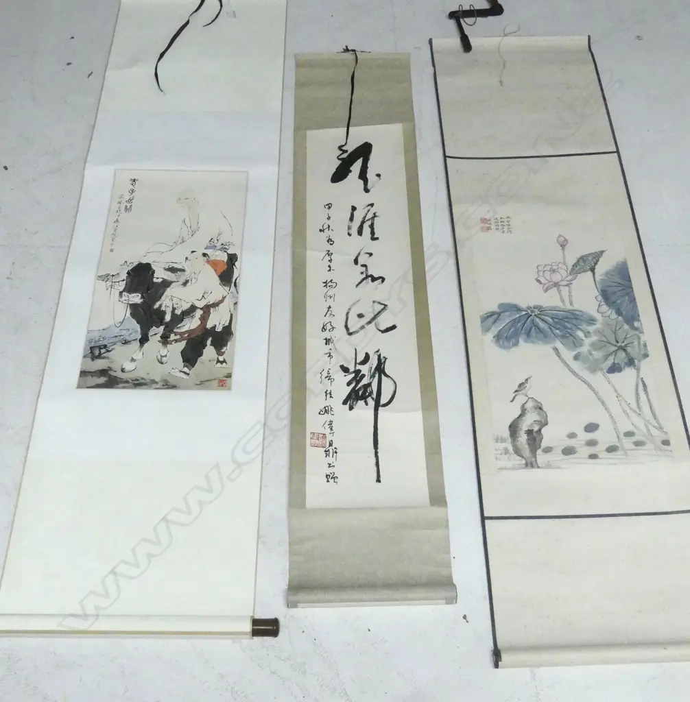 3 CHINESE SCROLLS: 1 painted w/c florals (waterlily) + 1 printed & other a stone slab Image 1++
