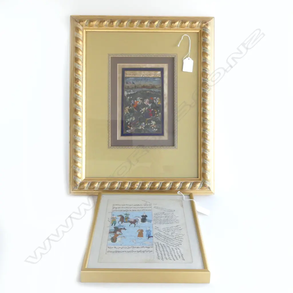 2 OLD FINE PERSIAN W/C & INK HUNTING SCENE PAINTINGS w text ex Persian Manuscripts 240 x 170mm & 200 x 125mm both Image 1++