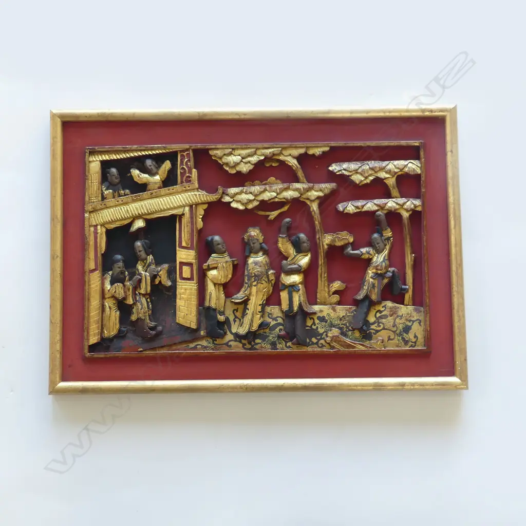 OLD CHINESE CARVED GILDED & PAINTED COURTYARD SCENE PANEL framed 300 x 430mm with provenance... Image 1++
