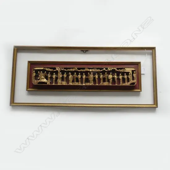 FRAMED CARVED WOODEN GILDED ORIENTAL PANEL, 100x575 / 345x810mm