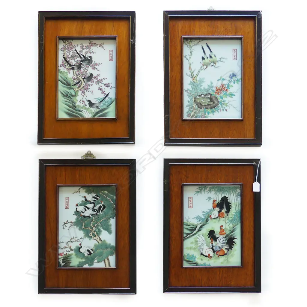 4 CHINESE CERAMIC BIRD PLAQUES 300x210mm FRAMED (495x350mm overall) Image 1++