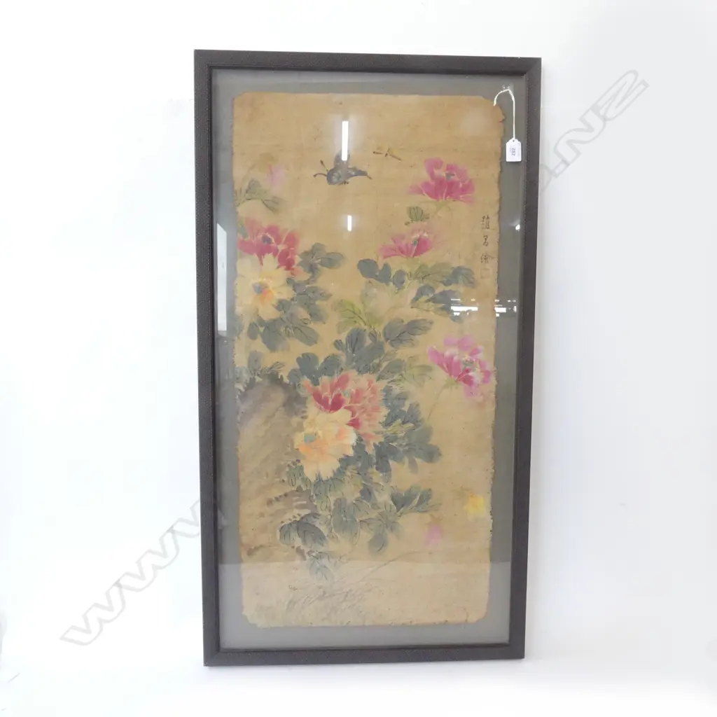 LARGE SIGNED CHINESE W/C FLOWERS & BUTTERFLIES on woven fabric silk? H1M20MM W550MM Image 1++