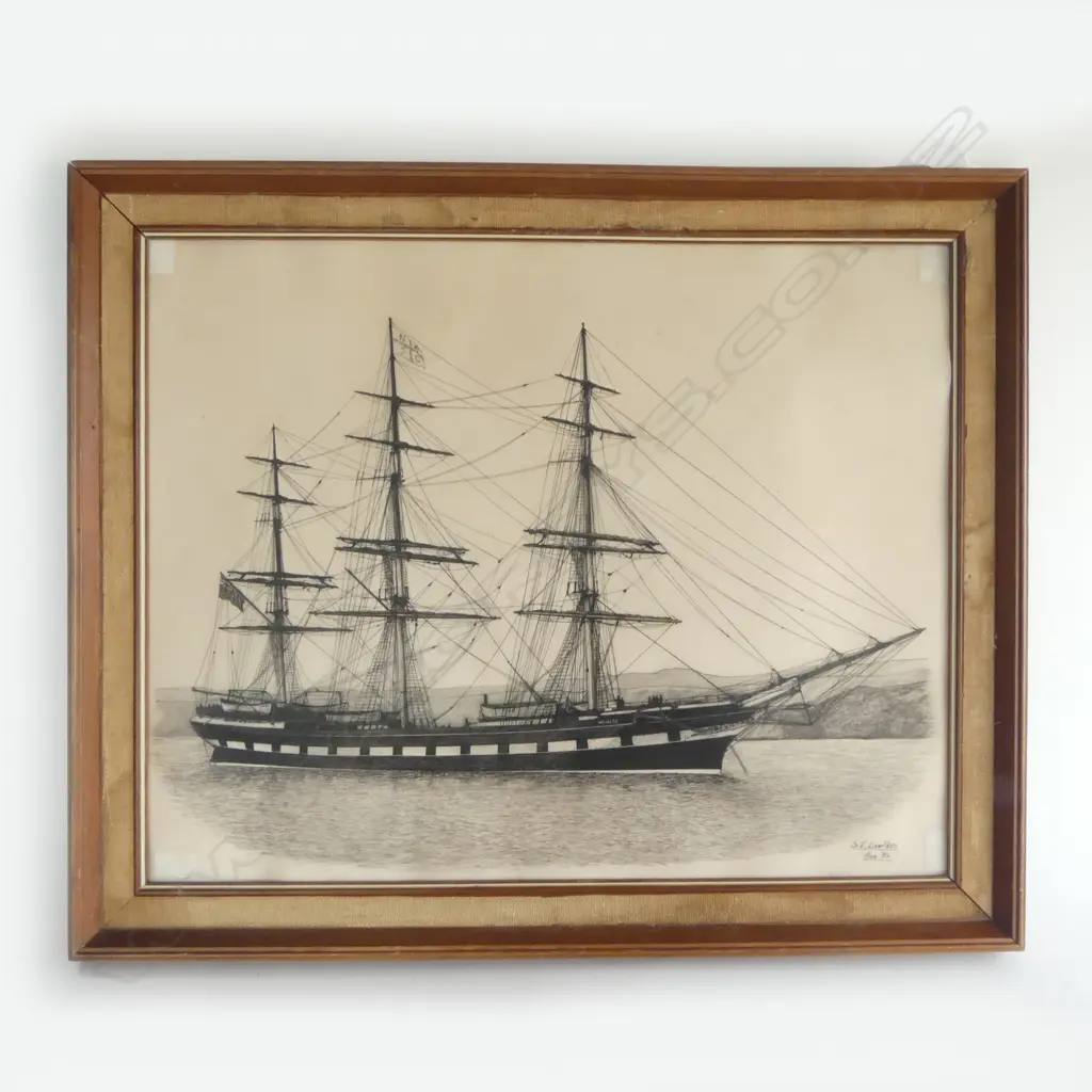 PEN & INK DRAWING OF SAILING SHIP THE WAIKATO BY SV LAMPARD H480 L580MM Image 1++