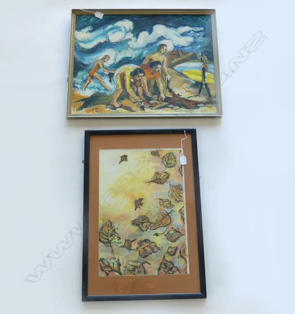 RETRO NZ OIL MUSSEL GATHERERS & SURFERS TE AWANGA BEACH BY M CREIGHTON H500MM W610MMW/C PASTEL BY KAREN MOORE AUTUMN WIN Image 1++