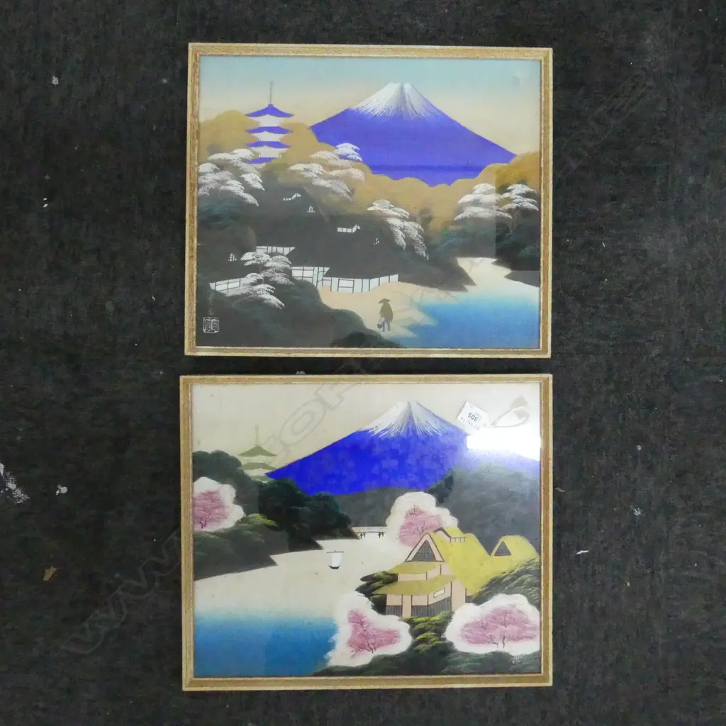 PAIR OF JAPANESE VINTAGE MT FUJI WATER COLOURS, SIGNED, 370 x 430mm Image 1++