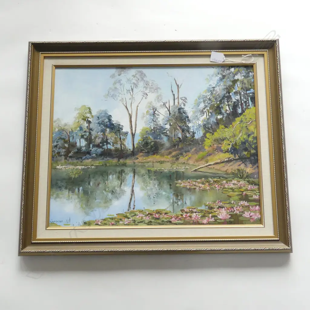 OIL ON BOARD  WATER LILYS & BUSH SCENE SIGNED M MACINTYRE H310MM W620MM Image 1++