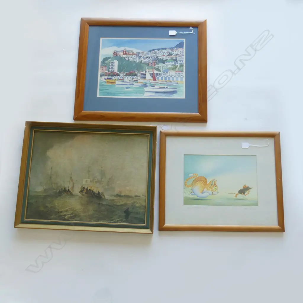 SIGNED PRINT BY MARTIN BAYNTON H440 W540MM & 2 OTHER PRINTS WELLINGTON HARBOUR H520-MM W620MM& SAILING SHIP PRINT Image 1++