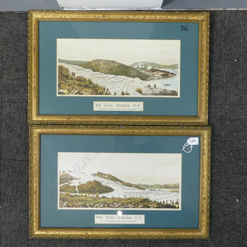 PR OLD LITHOGRAPHS PINK & WHITE TERRRACES, GILT FRAMED, 178 x 380mm Image 1++