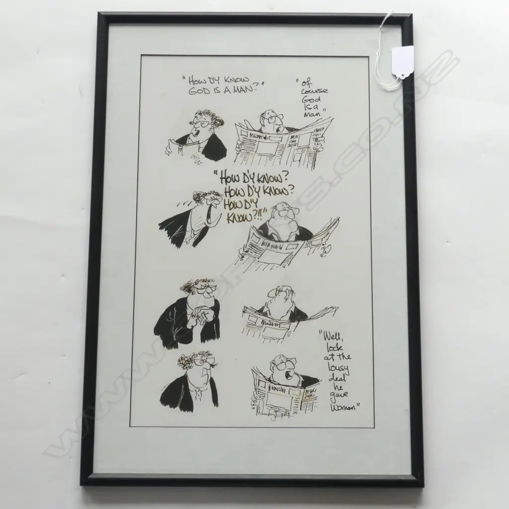SIGNED MURRAY BALL ORIGINAL CARTOON 'HOW D'Y KNOW GOD IS A MAN?' 395x245mm Image 1++