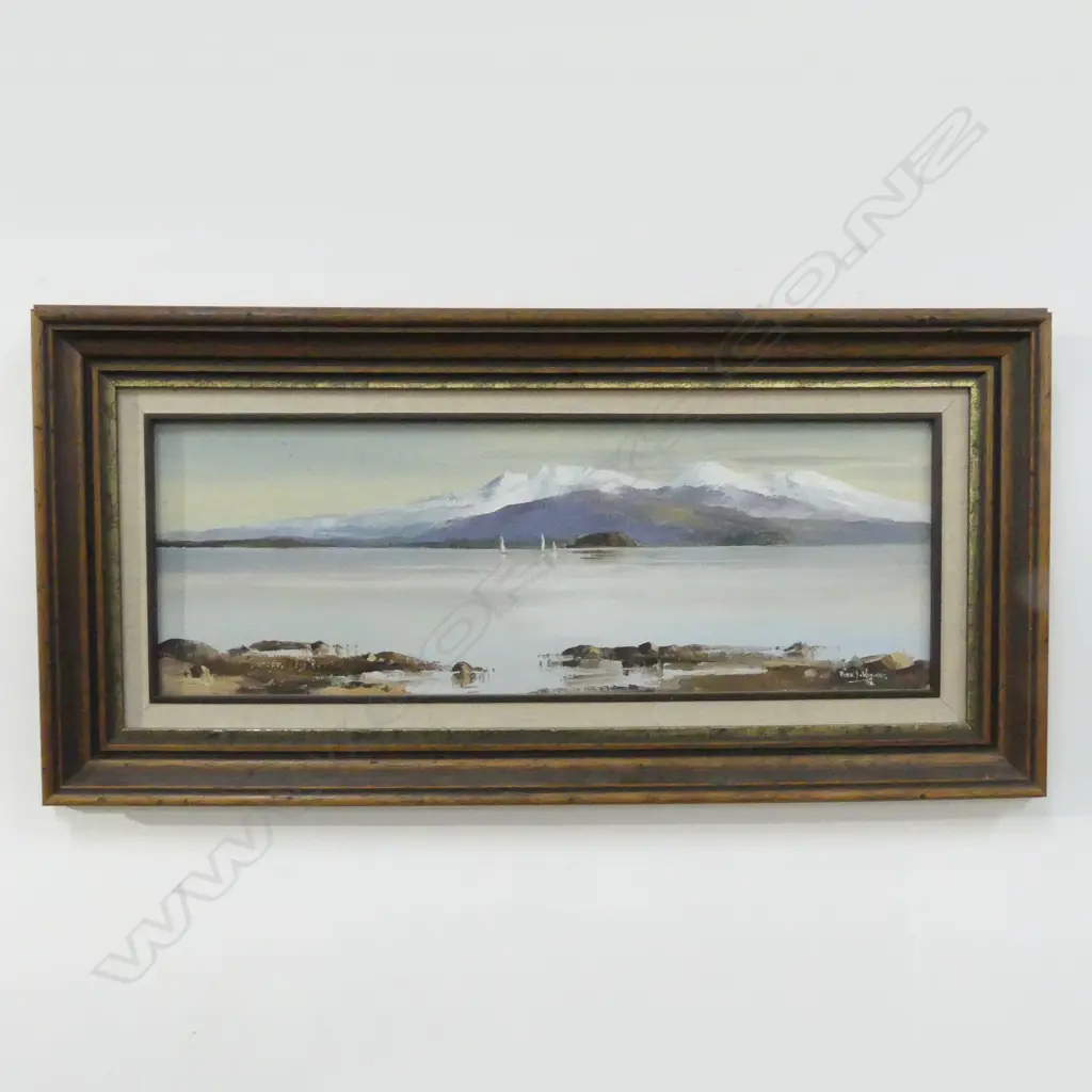 PETER J. WALLERS 'THE MOUNTAINS, LAKE TAUPO' OIL ON BOARD 185x540mm Image 1++