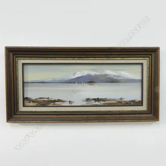 PETER J. WALLERS 'THE MOUNTAINS, LAKE TAUPO' OIL ON BOARD 185x540mm