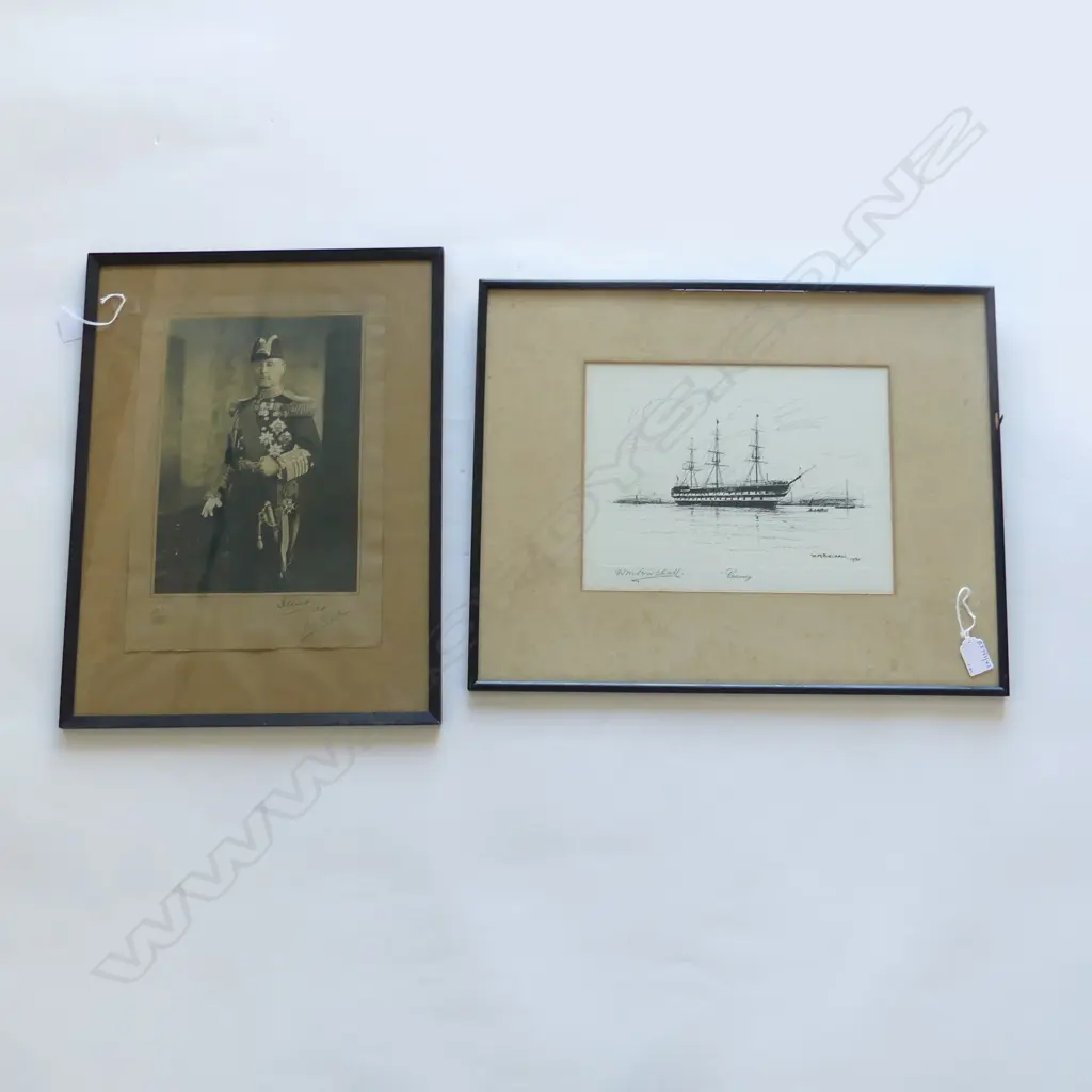 ENGRAVING SAILING SHIP BY WM BIRCHALL H 410 L510MM WITH SIGNED NAVAL PHOTO Image 1++