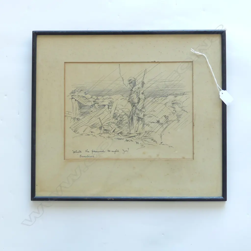 ORIGINAL WWI CARTOON 'WHATS THE PASSWORD TONIGHT JOE/SUNSHINE', SIGNED PRAIN 1918 210 x 270mm, some foxing7 Image 1++
