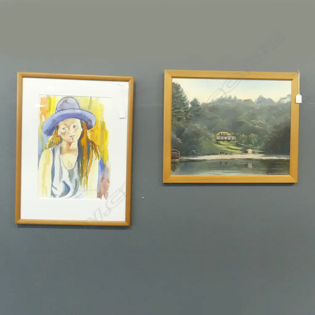 2 ARTWORKS; SIGNED WC PORTRAIT, 410x290mm, JOY JORGENSEN, HOUSE AT KARAKA BAY, OIL ON BOARD '82 395x495mm  Image 1++