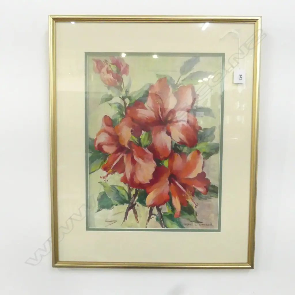 GLADYS C SIMPSON ' HYBISCUS' STILL LIFE GOUACHE,  ? Image 1++