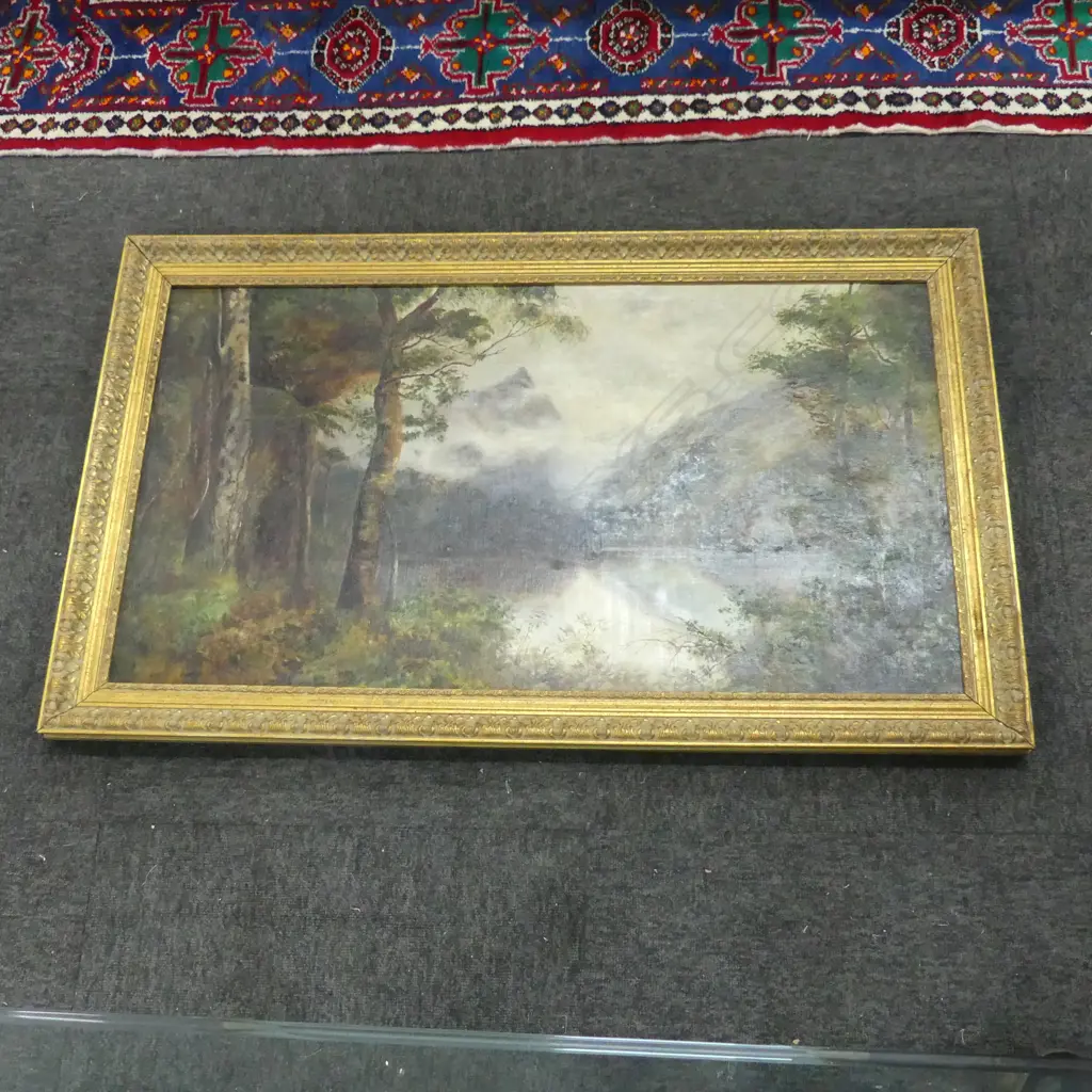 ARTIST UNKNOWN, COLONIAL LAKE & MOUNTAIN LANDSCAPE, OIL ON BOARD 480x890mm Image 1++