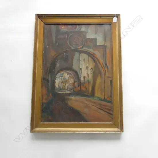 R. HARLFINGER, STREET SCENE RATTENBURG AUSTRIA, OIL ON BOARD 680x470mm