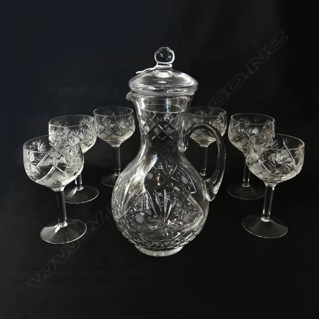LIDDED CRYSTAL JUG H.270mm + 6 WINE GLASSES Image 1++