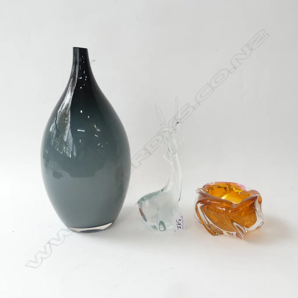 3 ART GLASS PCS GREY VASE H330MM AMBER SMALL BOWL DIA120MM & DEER ORN H240MM Image 1++