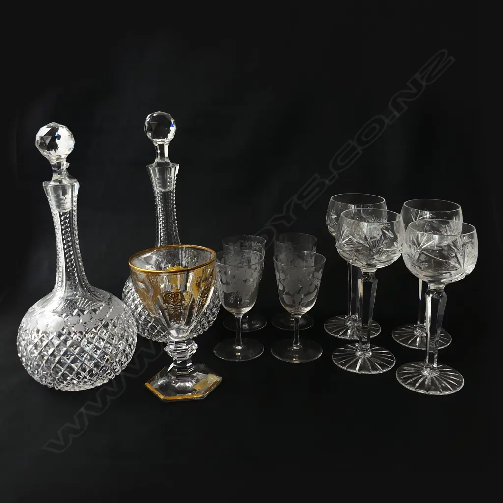 PR CRYSTAL DECANTERS H.295mm, 4 HOCK WINE GLASSES, BACCARAT GOBLET, 4 ETCHED SHERRY GLASSES Image 1++