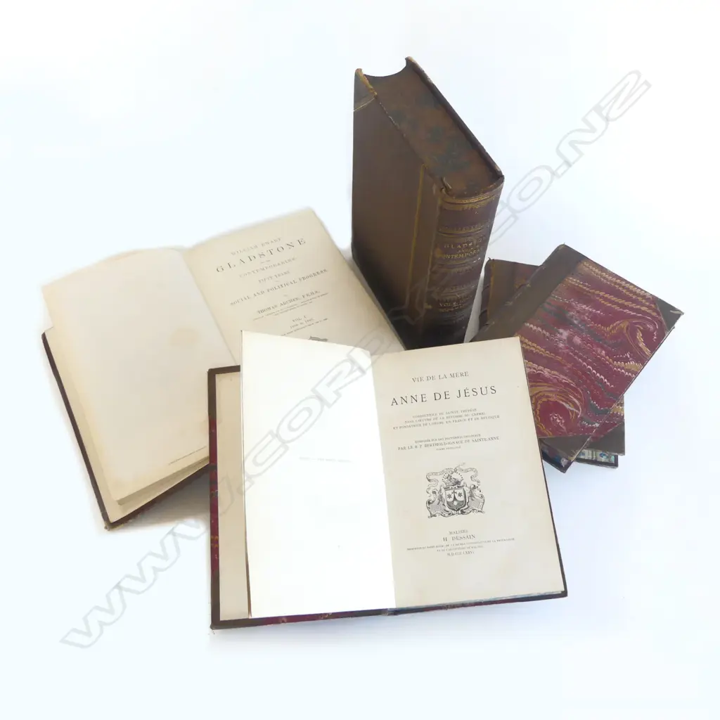 5 VOLUMES LEATHER BOUND BOOKS 1800S 3 FRENCH  2 ON GLADSTONE Image 1++