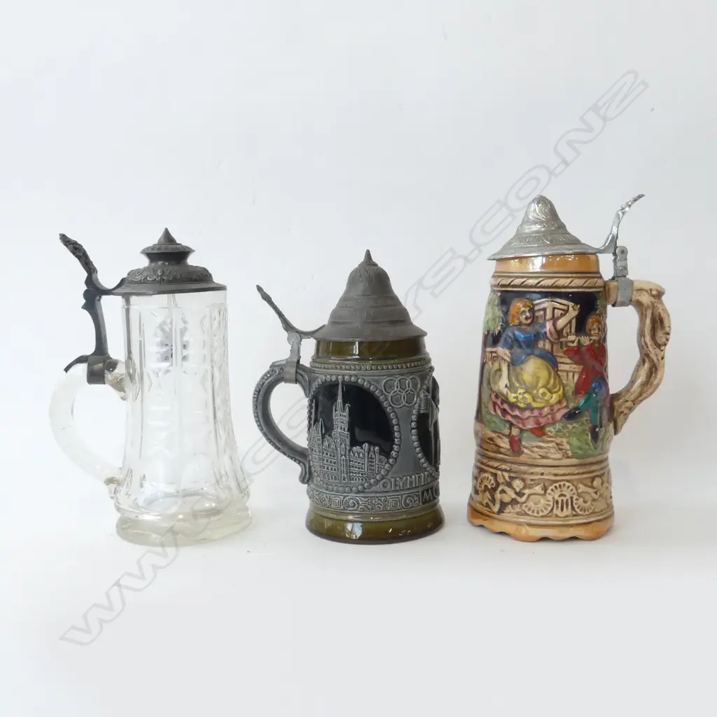 THREE BEER STEINS – MUNICH OLYMPICS, MUSICAL, AND CUT GLASS, H.200MM-240MM Image 1++