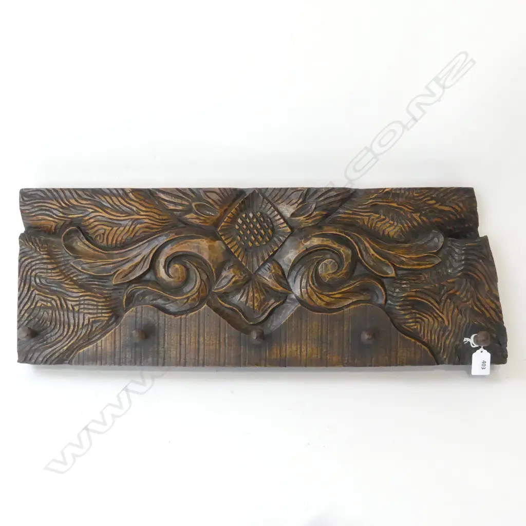 HEAVY HAND CARVED WOODEN COAT HOOK PANEL, L.640mm H.240mm (wall hangings on back) Image 1++