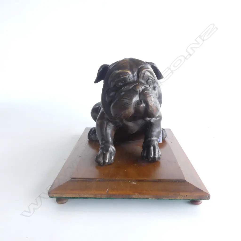 BRONZED SPELTER BULLDOG on WOODEN PLINTH, L.290mm H.200mm Image 1++