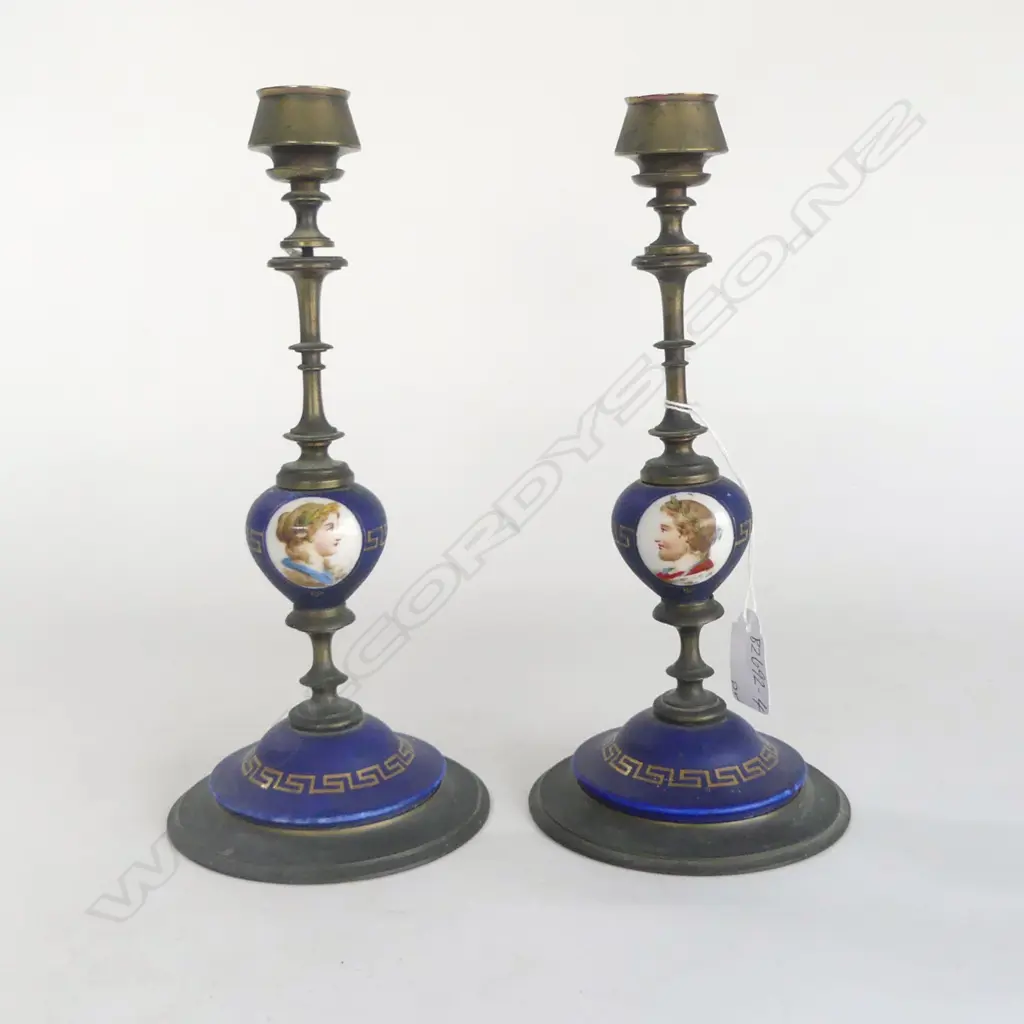 PAIR OF UNUSUAL CERAMIC & BRASS CANDLESTICKS, PORCELAIN DETAIL  OF NAPOLEON AND JOSEPHINE TO CENTRE, H.240mm Image 1++