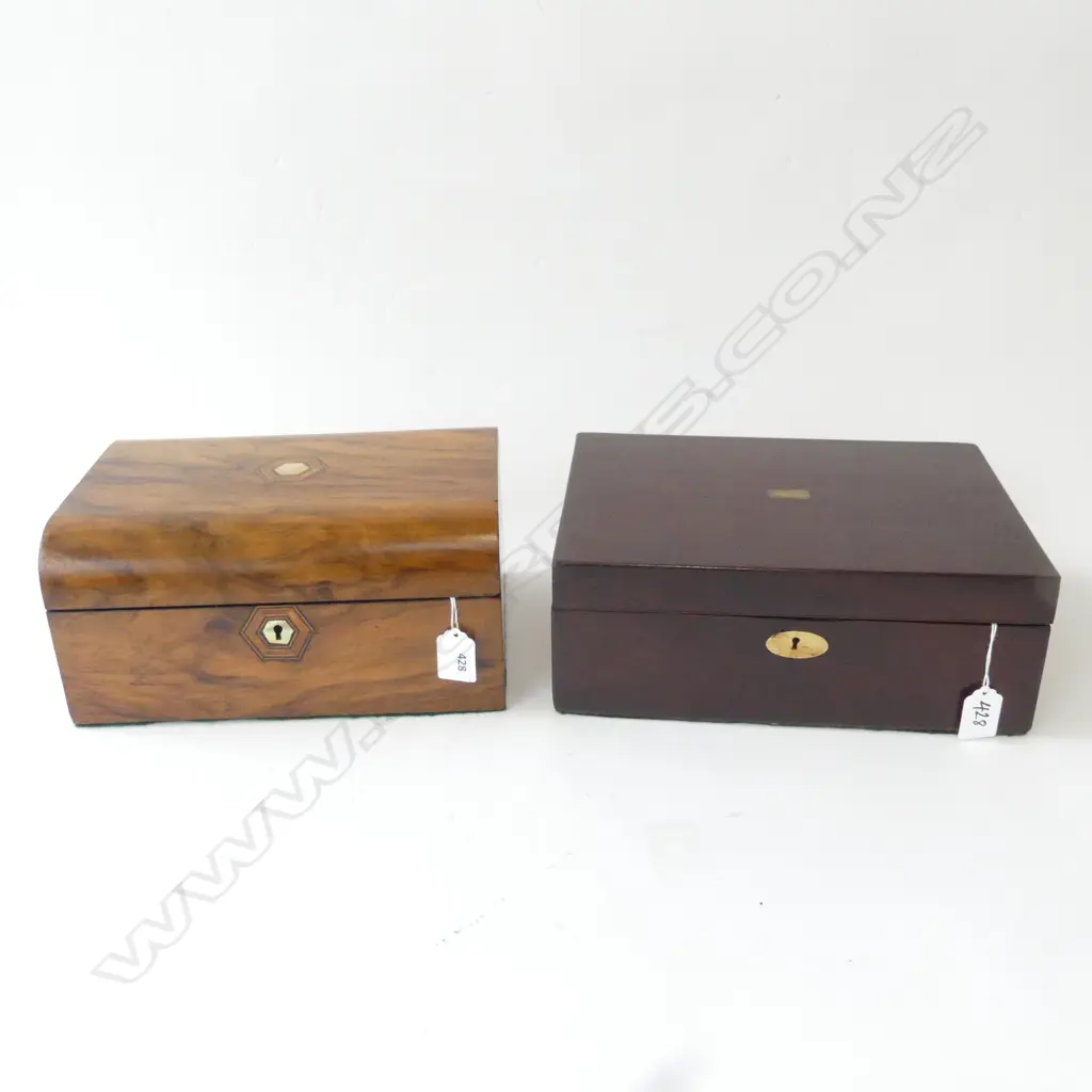 MAHOGANY WRITING SLOPE w BRASS FITTINGS & VICTORIAN WALNUT WORK BOX w MOP INLAY Image 1++