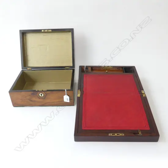 MAHOGANY WRITING SLOPE w BRASS FITTINGS & VICTORIAN WALNUT WORK BOX w MOP INLAY