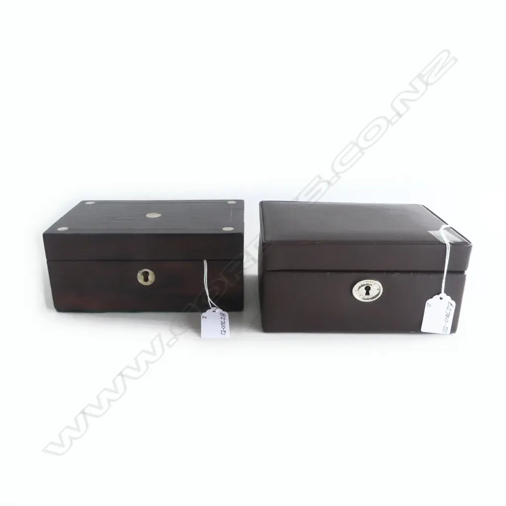 RETRO LEATHER JEWELLERY BOX w key & ROSEWOOD BOX w MOP INLAY Image 1++
