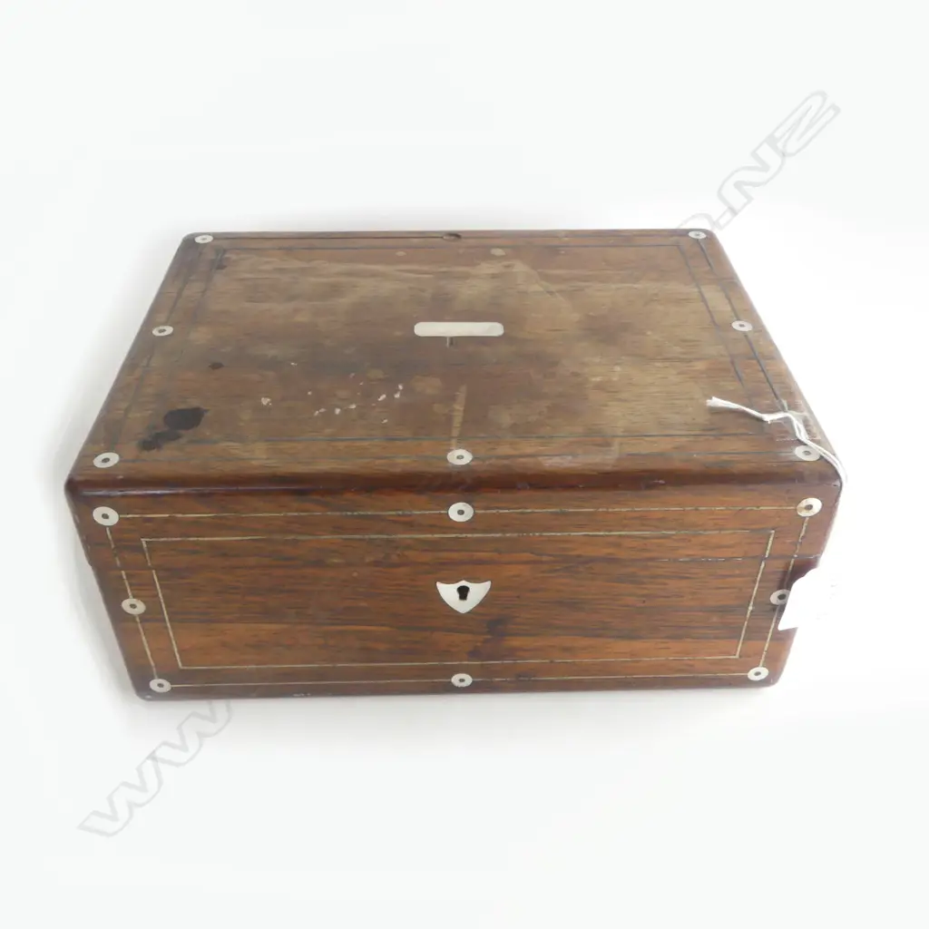 VICT ROSEWOOD & MOP INLAID WORKBOX L290MM & CONTENTS BEADS FISH ORNS ETC Image 1++