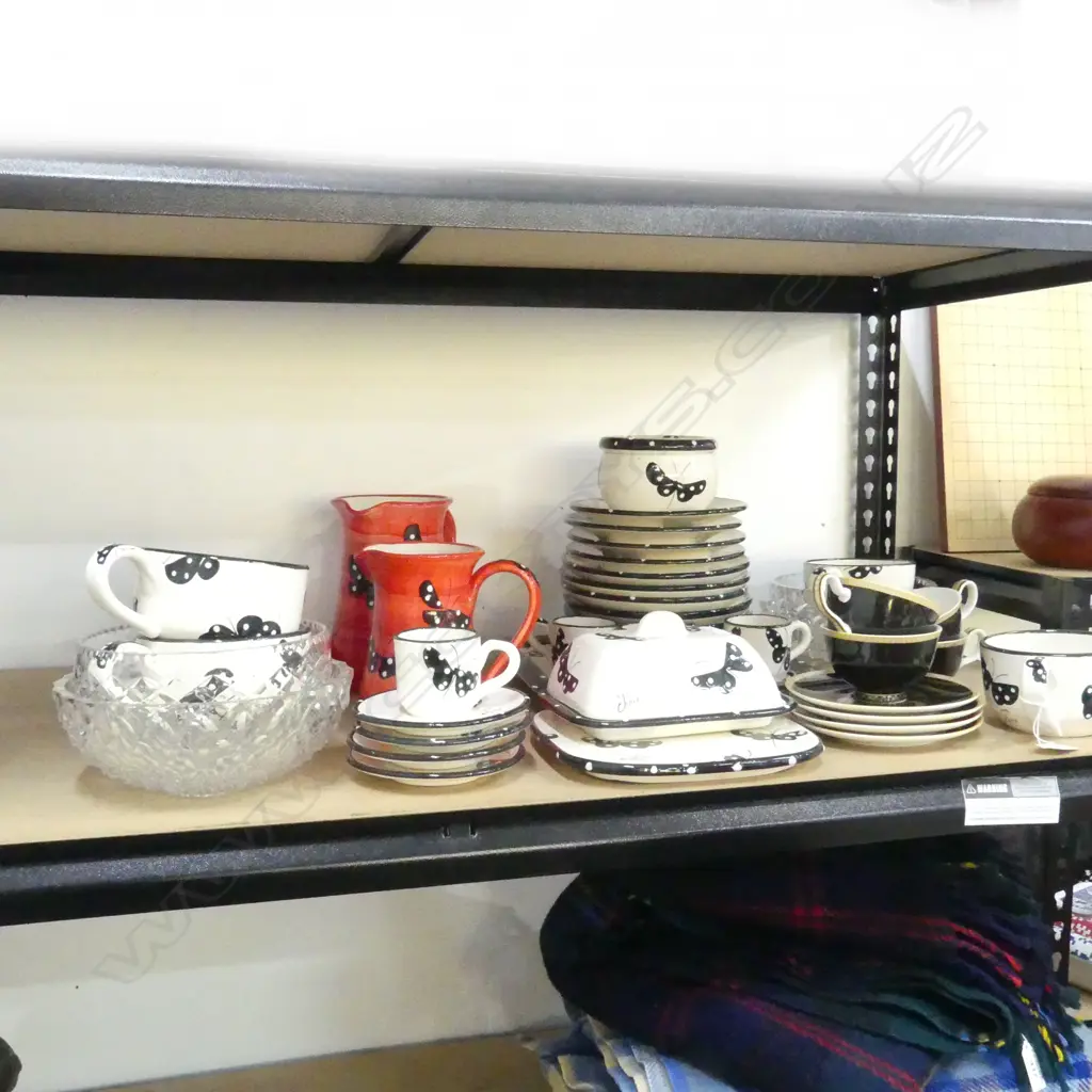 ASST. HAND PAINTED VALLAURIS POTTERY; BUTTERFLY DESIGN + 4 CRYSTAL BOWLS & 4 BLACK C/S Image 1++