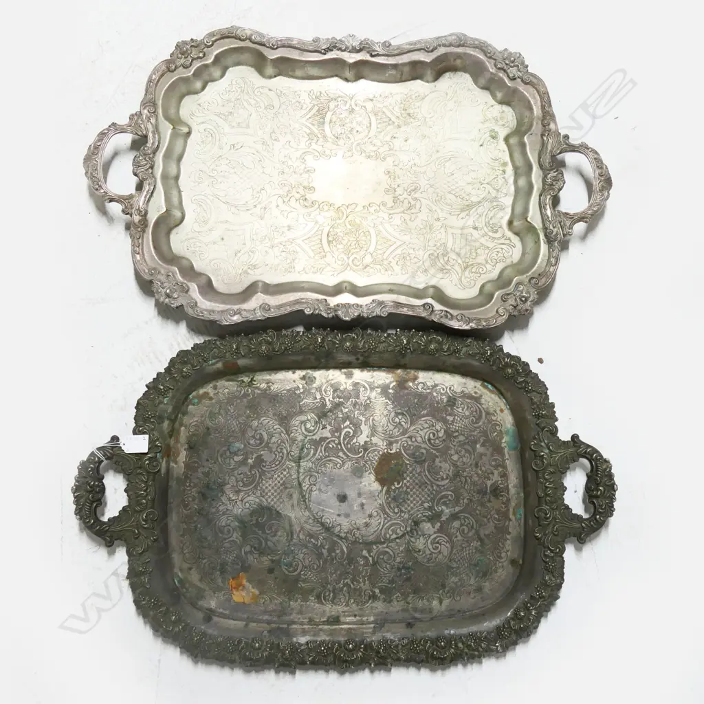 2 LG ANTIQUE SILVER PLATE BUTLER TRAYS 450x750mm 1 OSP Image 1++