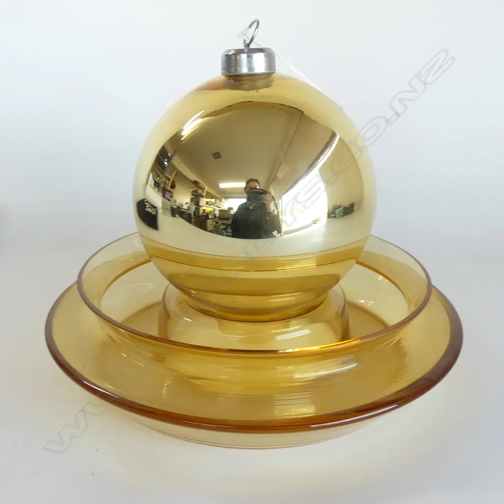 AMBER GLASS FLOAT BOWL 280mm dia + LG GOLD BAUBLE 150mm dia Image 1++