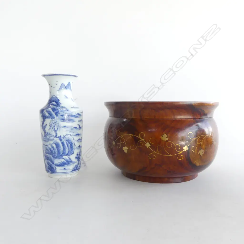 INLAID WOODEN BOWL 190mm dia + B/W VASE H.165mm Image 1++