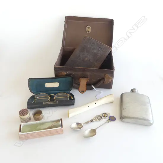 VINTAGE MINI SUITCASE L180 & CONTENTS PEWTER FLASK SPECS ORNS ETC