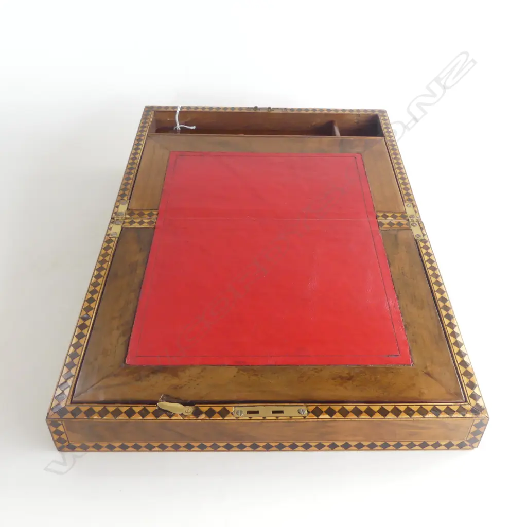  WALNUT WRITING SLOPE with RED LEATHER INTERIOR & MARQUETRY BORDER Image 1++