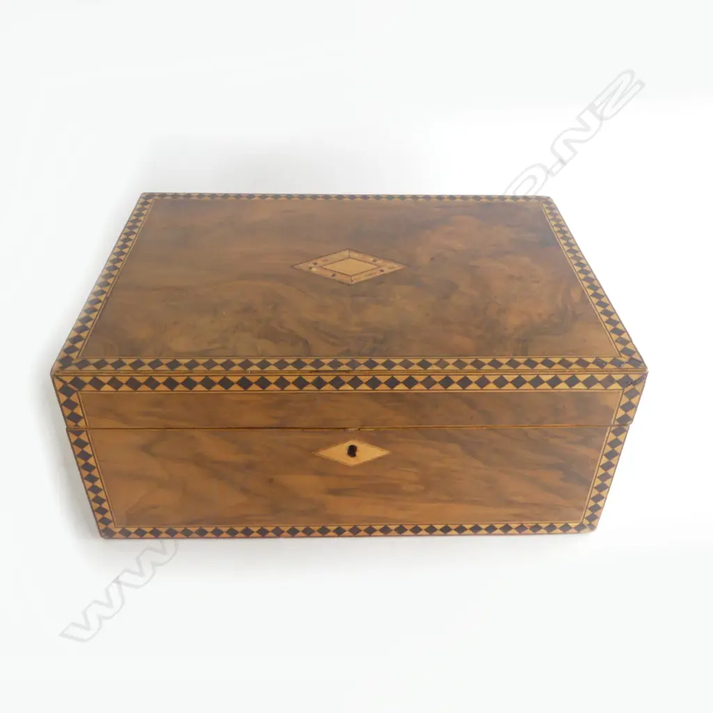  WALNUT WRITING SLOPE with RED LEATHER INTERIOR & MARQUETRY BORDER Image 1++