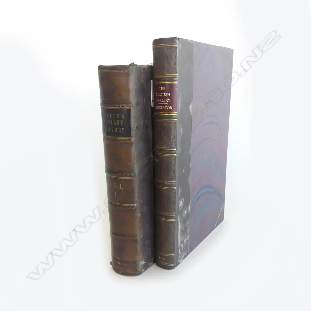 2 LEATHER BOUND BOOKS: 'ROLLIN'S ANCIENT HISTORY' VOL.I (1842) & PINKERTON'S 'THE SCOTISH GALLERY' (REPRINT OF 1772) Image 1++
