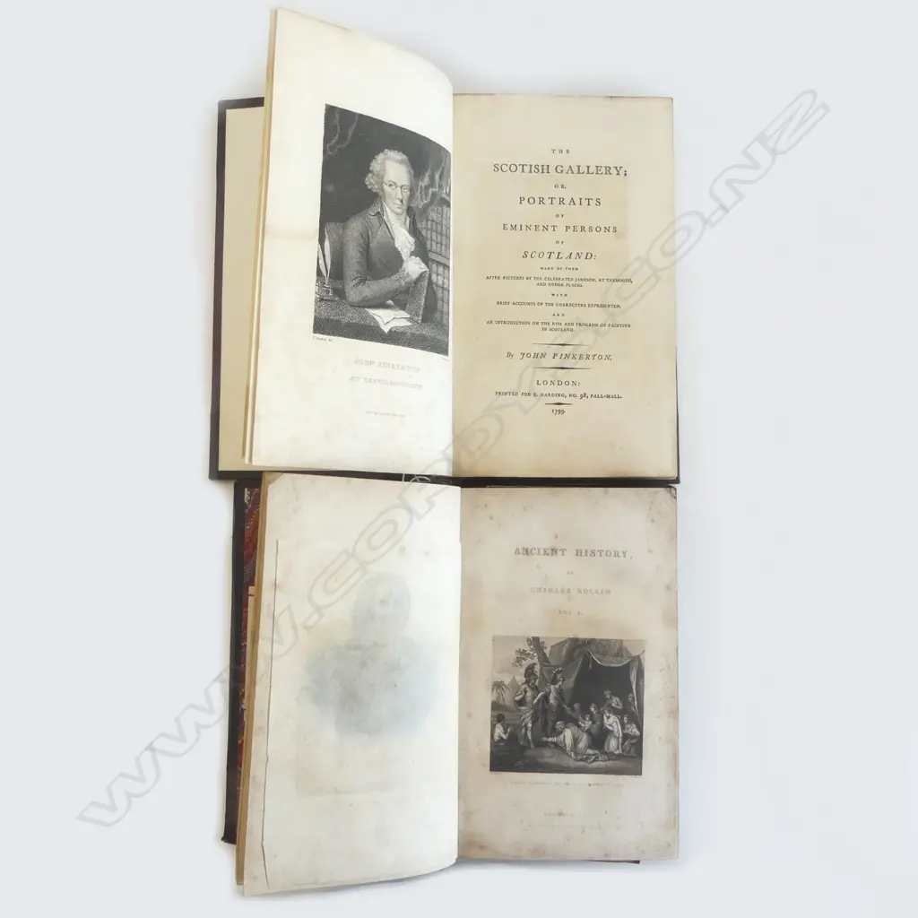 2 LEATHER BOUND BOOKS: 'ROLLIN'S ANCIENT HISTORY' VOL.I (1842) & PINKERTON'S 'THE SCOTISH GALLERY' (REPRINT OF 1772) Image 1++