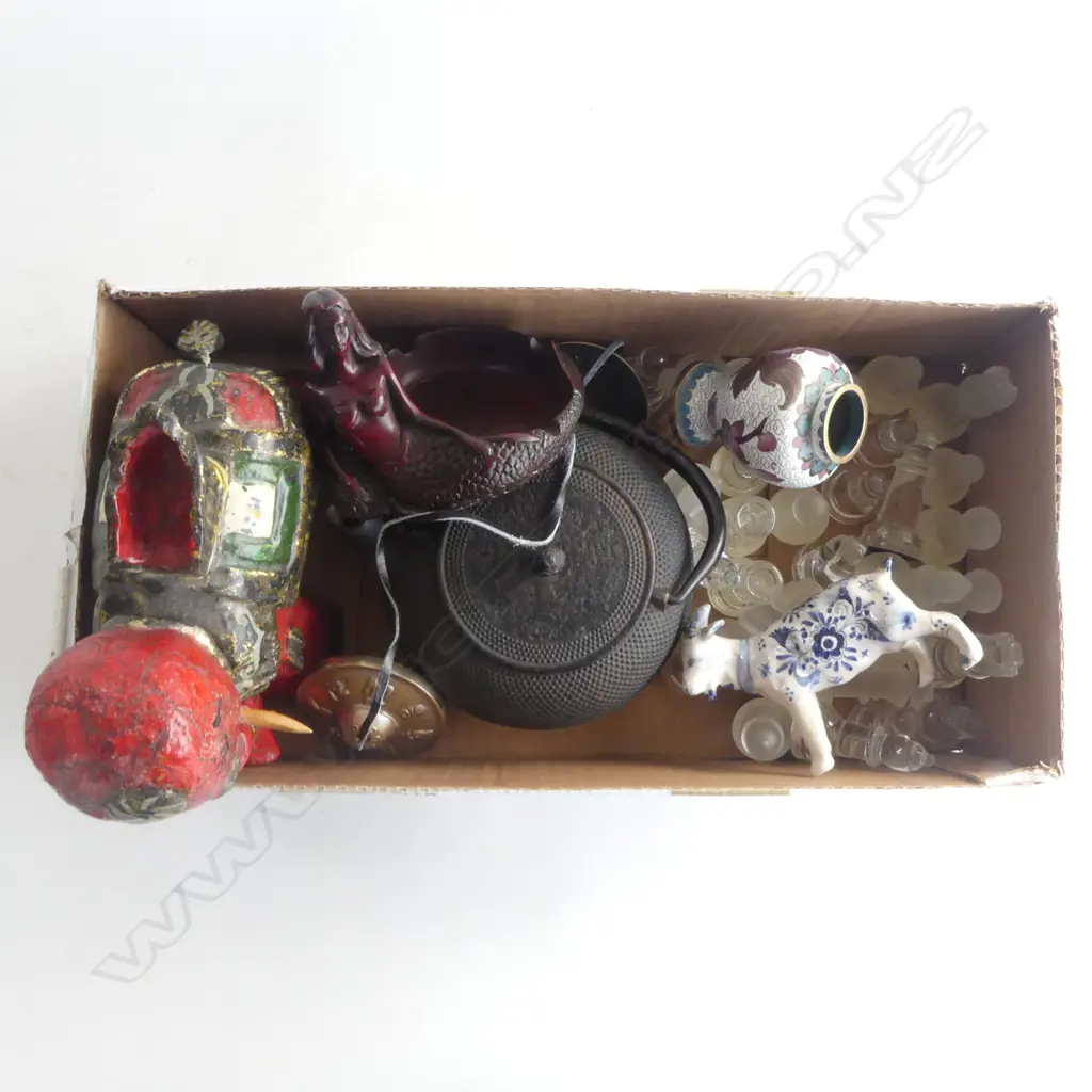 SMALL BOX LOT GLASS CHESS SET CAST IRON TEAPOT  DEFT GOAT  CIMBELS ETC Image 1++