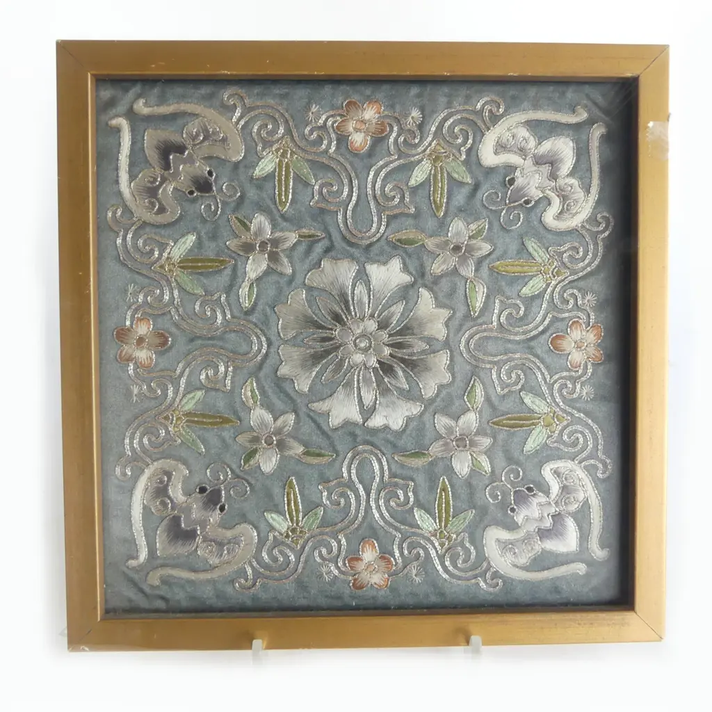 OLD CHINESE EMBROIDERED & SILVER THREAD PANEL BATS & FLORALS framed 190 x 190mm. w provenance... Image 1++