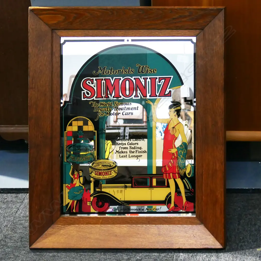 WOODEN FRAMED SIMONIZE WAX ART DECO MIRROR, H.680mm W.550mm Image 1++