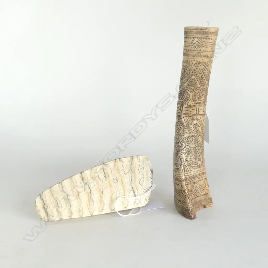 CROSS SECTION OF ELEPHANT TOOTH L160MM & CARVED INDONESIAN BONE CONTAINER H220MM Image 1++
