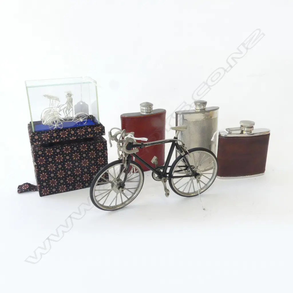 THREE CONTEMPORARY METAL HIP FLASKS, VINTAGE MINATURE RACING BIKE & BOXED ORIENTAL SILVER FILIGREE RICKSHAW Image 1++