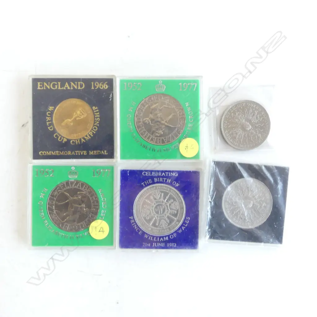 6 UK COMMEMORATIVE MEDALS INCL ENGLAND 1966 WORLD CUP, BIRTH PRINCE WILLIAM, ELIZABETH II SILVER JUBILEE Image 1++